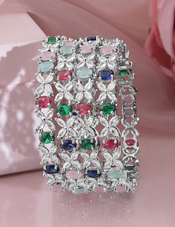 Rubans Set of 4 Rhodium-Plated Multicolor AD & CubicZirconia Studded Floral Design Bangles Wristwear