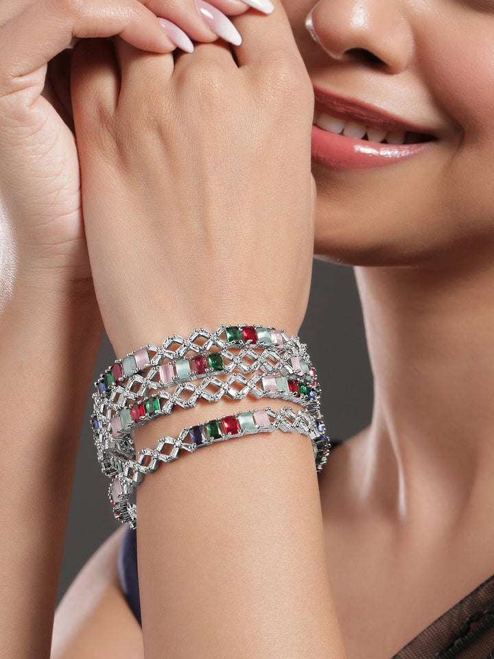 Rubans Set of 4 Rhodium-Plated Multicolor Stone & White Cubic Zirconia Studded Bangles Bangles