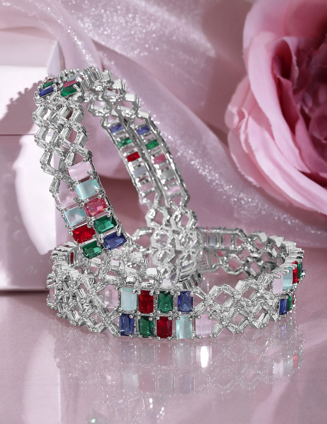 Rubans Set of 4 Rhodium-Plated Multicolor Stone & White Cubic Zirconia Studded Bangles Wristwear