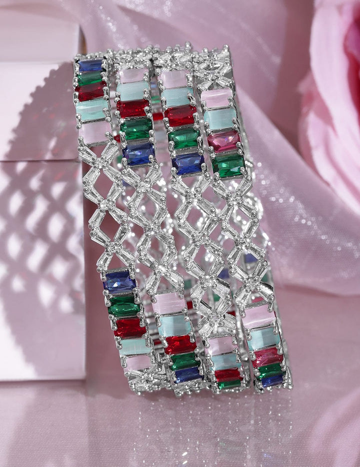 Rubans Set of 4 Rhodium-Plated Multicolor Stone & White Cubic Zirconia Studded Bangles Wristwear