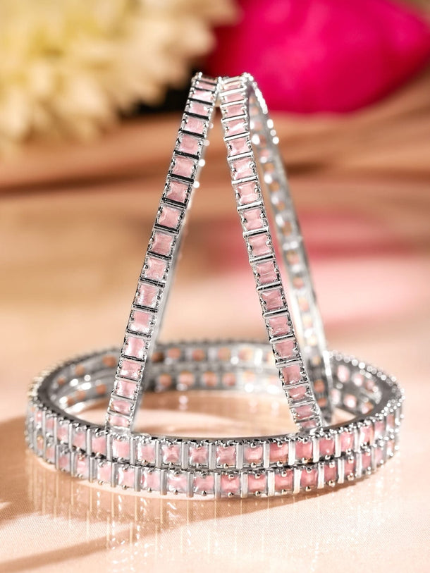 Rubans Set of 4 Rhodium-Plated Pastel Pink Cubic Zirconia Studded Handcrafted Premium Bangles for Women Bangles & Bracelets