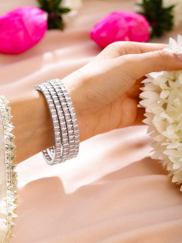Rubans Set of 4 Rhodium-Plated Pink Cubic Zirconia Studded Handcrafted Premium Bangles Bangles