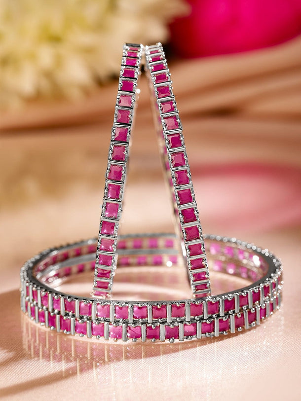 Rubans Set of 4 Rhodium-Plated Ruby Pink Cubic Zirconia Studded Handcrafted Premium Bangles for Women Bangles & Bracelets