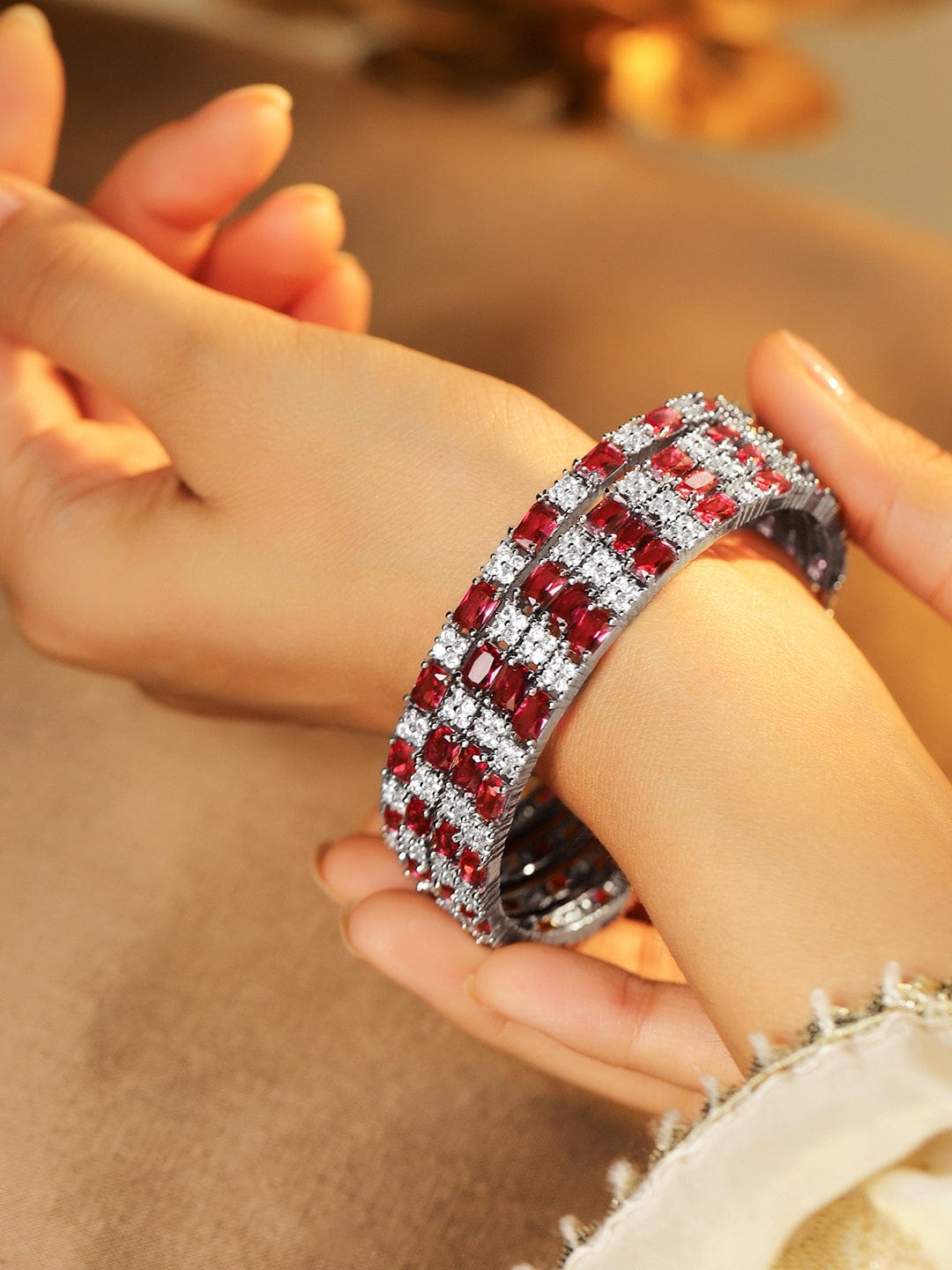 Rubans Set of 4 Rhodium-Plated Ruby Pink & White Cubic Zirconia Studded Bangles Bangles & Bracelets