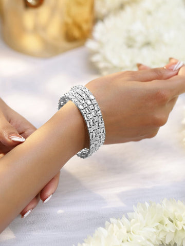 Rubans Set of 4 Rhodium-Plated Silver-Tone Cubic Zirconia Studded Premium Bangles Bangles & Bracelets