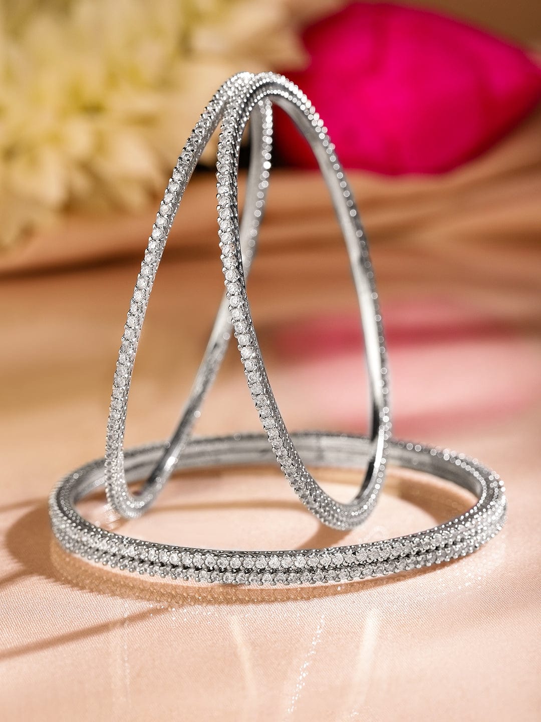 Rubans Set of 4 Rhodium-Plated Sparkling White Cubic Zirconia Stones Handcrafted Premium Bangles Bangles & Bracelets