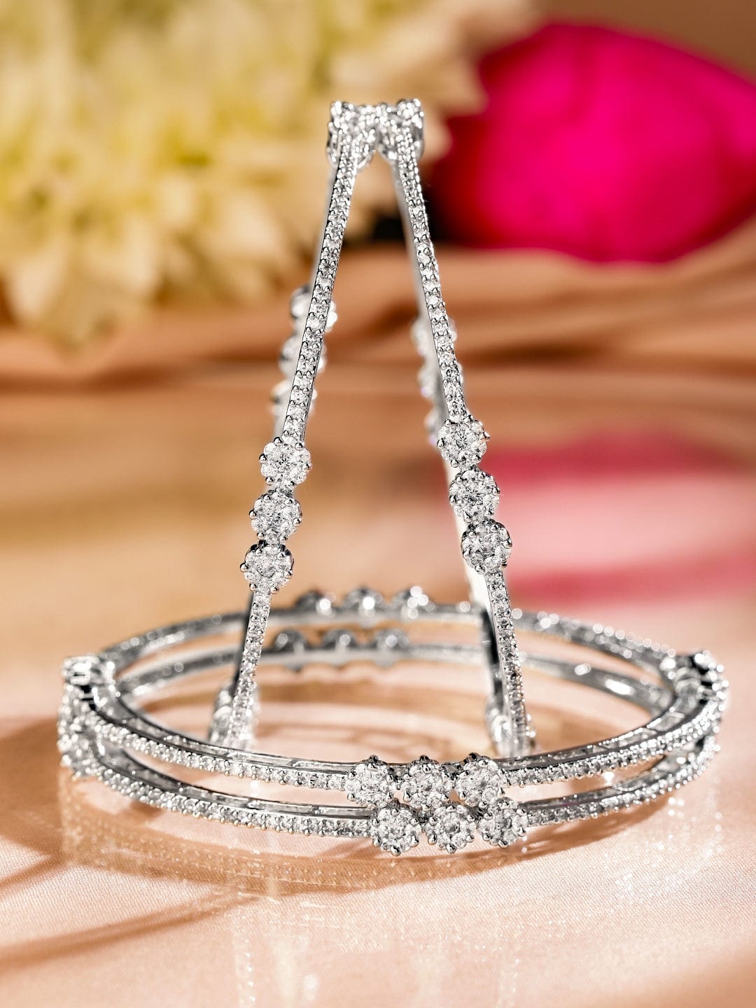 Rubans Set of 4 Rhodium-Plated White Cubic Zirconia Floral Design Handcrafted Premium Bangles for Women Bangles & Bracelets