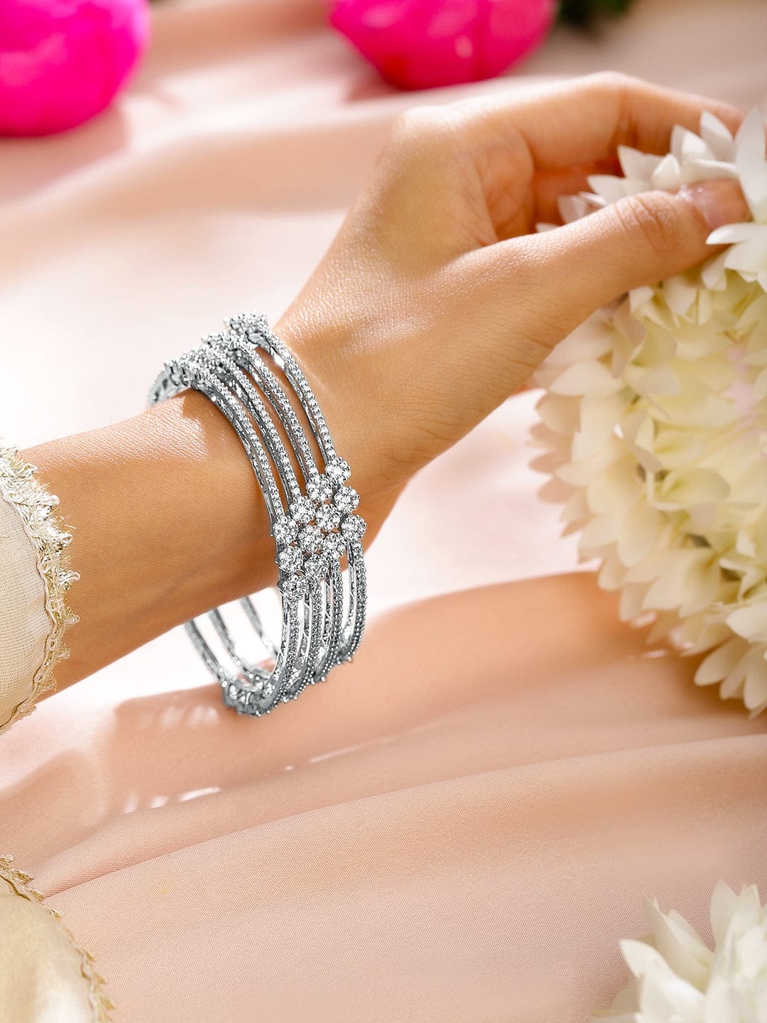 Rubans Set of 4 Rhodium-Plated White Cubic Zirconia Floral Design Handcrafted Premium Bangles for Women Bangles & Bracelets