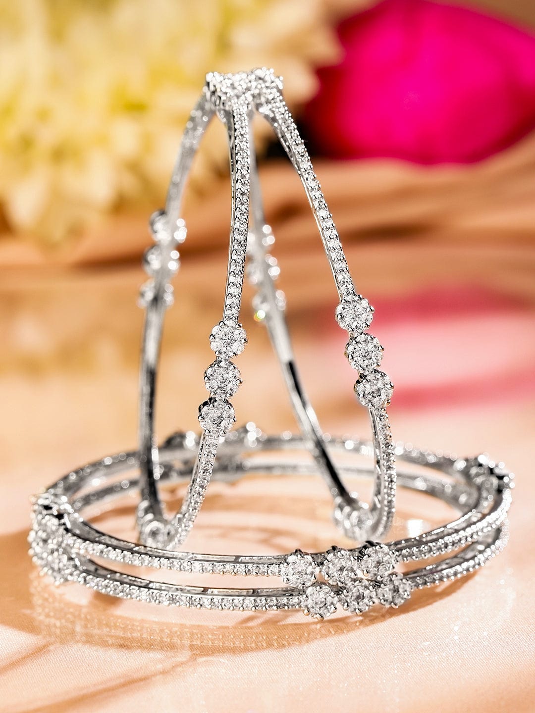 Rubans Set of 4 Rhodium-Plated White Cubic Zirconia Floral Design Handcrafted Premium Bangles for Women Bangles & Bracelets