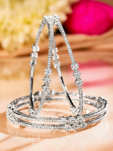 Rubans Set of 4 Rhodium-Plated White Cubic Zirconia Floral Design Handcrafted Premium Bangles for Women Bangles & Bracelets