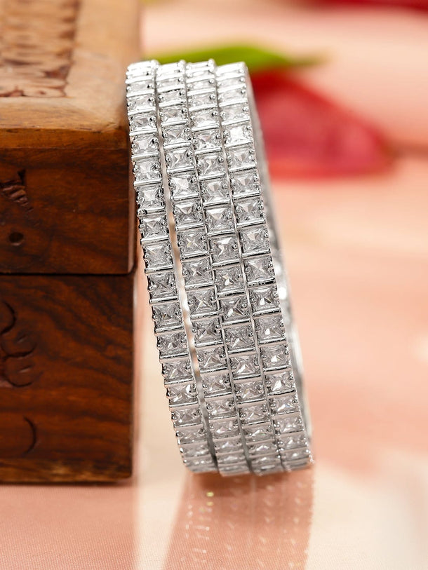 Rubans Set of 4 Rhodium-Plated White Cubic Zirconia Studded Handcrafted Premium Bangles for Women Bangles & Bracelets