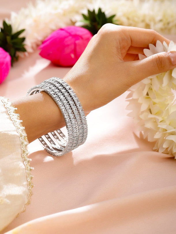 Rubans Set of 4 Rhodium-Plated White Cubic Zirconia Studded Handcrafted Premium Bangles for Women Bangles & Bracelets