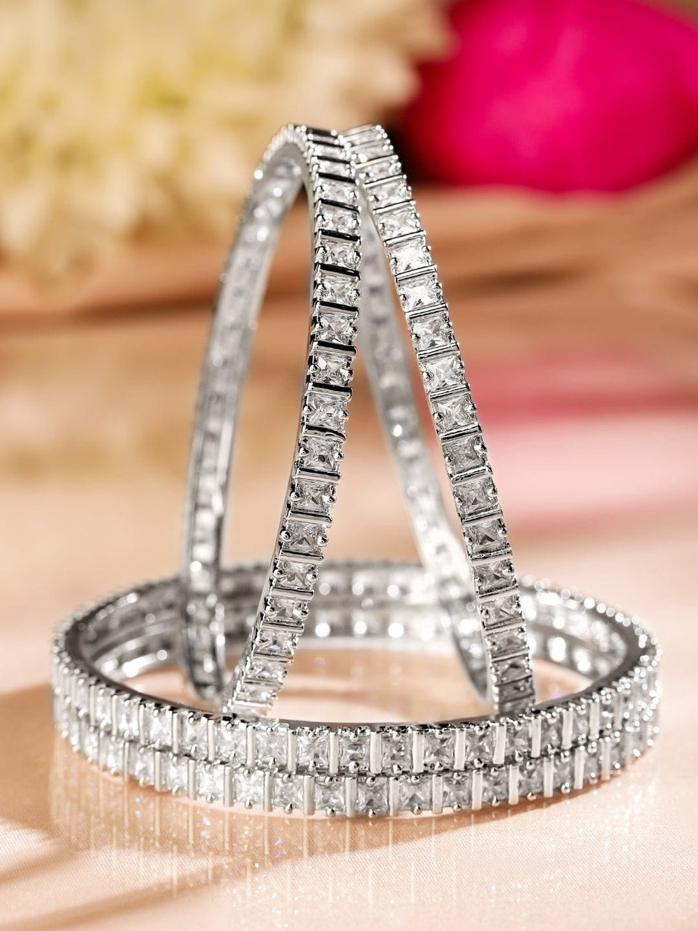 Rubans Set of 4 Rhodium-Plated White Cubic Zirconia Studded Handcrafted Premium Bangles for Women Bangles & Bracelets