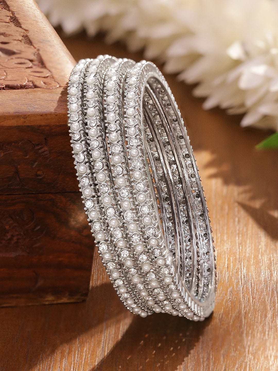 Rubans Set of 4 Rhodium-Plated White Faux Pearl & Cubic Zirconia Studded Handcrafted Bangles Bangle