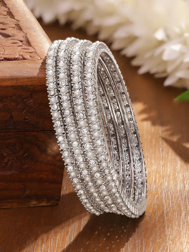 Rubans Set of 4 Rhodium-Plated White Faux Pearl & Cubic Zirconia Studded Handcrafted Bangles Bangle
