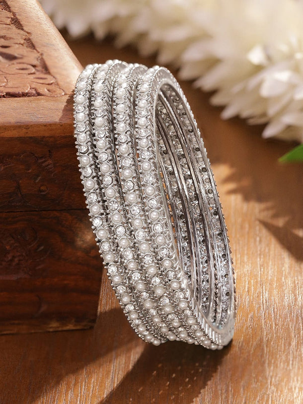 Rubans Set of 4 Rhodium-Plated White Faux Pearl & Cubic Zirconia Studded Handcrafted Bangles Bangle