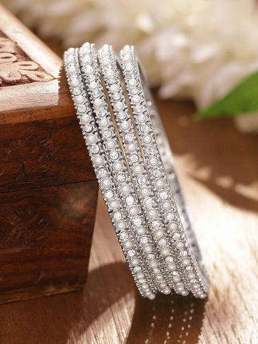 Rubans Set of 4 Rhodium-Plated White Faux Pearl & Cubic Zirconia Studded Handcrafted Bangles Bangle