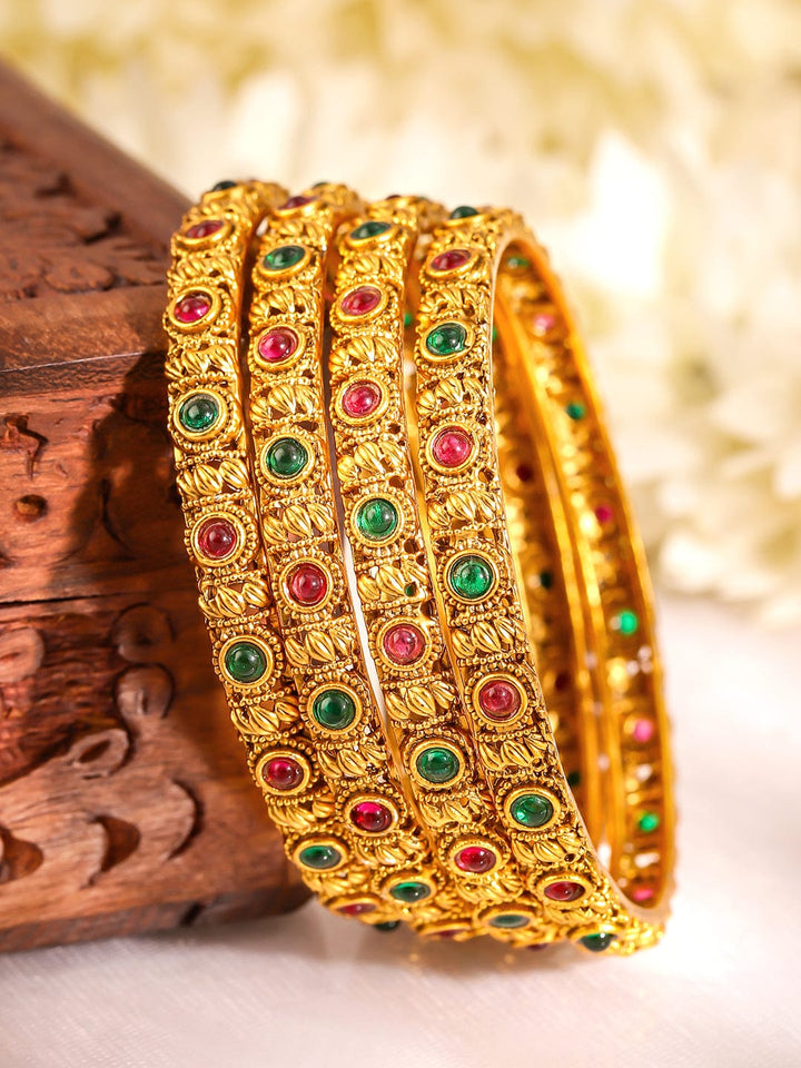 Rubans Set Of 4 Ruby Stone-Studded 22KT Gold-Plated Bangles Bangles & Bracelets