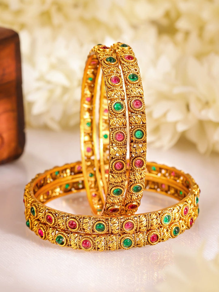 Rubans Set Of 4 Ruby Stone-Studded 22KT Gold-Plated Bangles Bangles & Bracelets