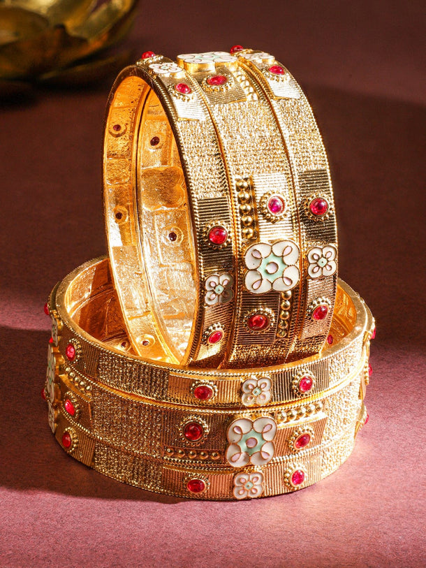 Rubans Set of 6 18K Gold-Plated Ruby Red Stones & Floral Enamel Studded Brass Bangles Bangles & Bracelets