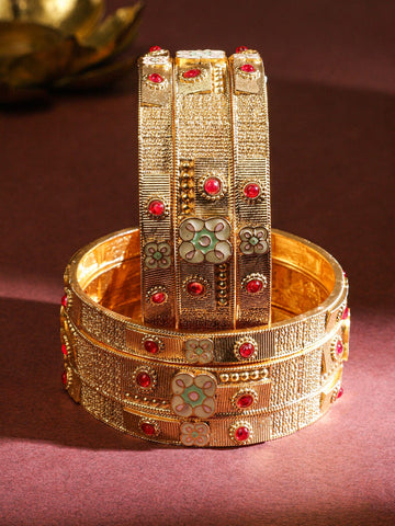 Rubans Set of 6 18K Gold-Plated Ruby Red Stones & Floral Enamel Studded Brass Bangles Bangles & Bracelets
