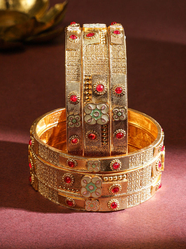 Rubans Set of 6 18K Gold-Plated Ruby Red Stones & Floral Enamel Studded Brass Bangles Bangles & Bracelets