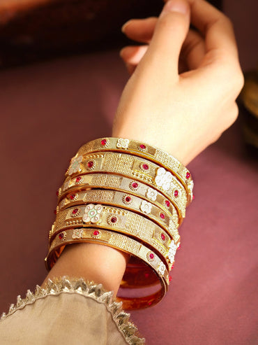 Rubans Set of 6 18K Gold-Plated Ruby Red Stones & Floral Enamel Studded Brass Bangles Bangles & Bracelets