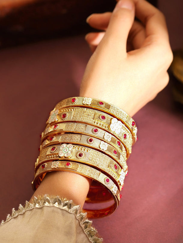Rubans Set of 6 18K Gold-Plated Ruby Red Stones & Floral Enamel Studded Brass Bangles Bangles & Bracelets