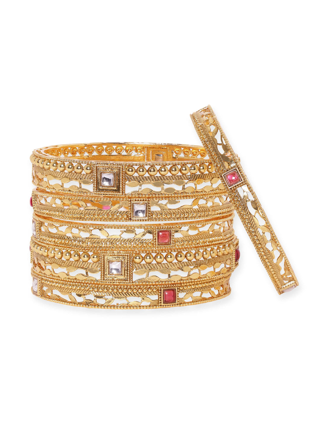 Rubans Set of 6, 22K Gold Plated Kemp stone studded handcrafted gold bangles  " Bangles & Bracelets