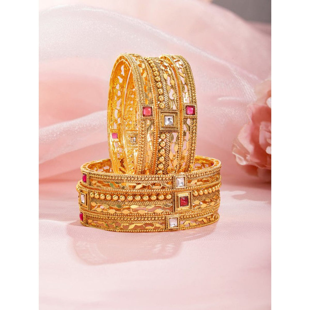 Rubans Set of 6, 22K Gold Plated Kemp stone studded handcrafted gold bangles  " Bangles & Bracelets