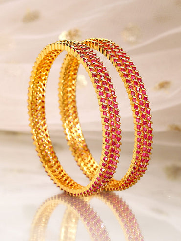 Rubans Set of 6, 22K Gold-Plated Ruby Pink Stone Studded Handcrafted Bangles Bangles