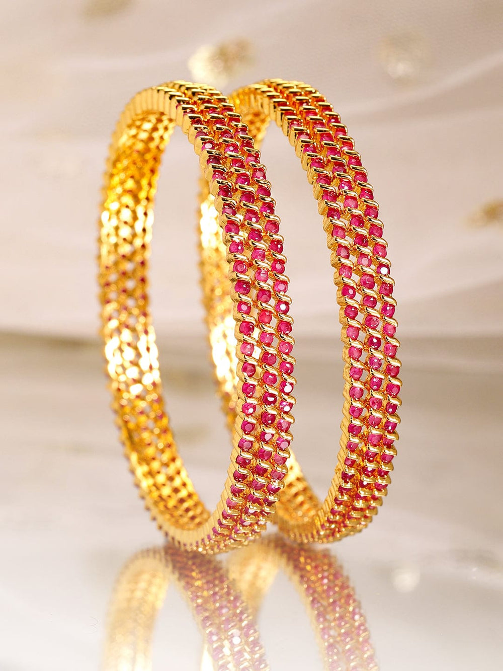 Rubans Set of 6, 22K Gold-Plated Ruby Pink Stone Studded Handcrafted Bangles Bangles