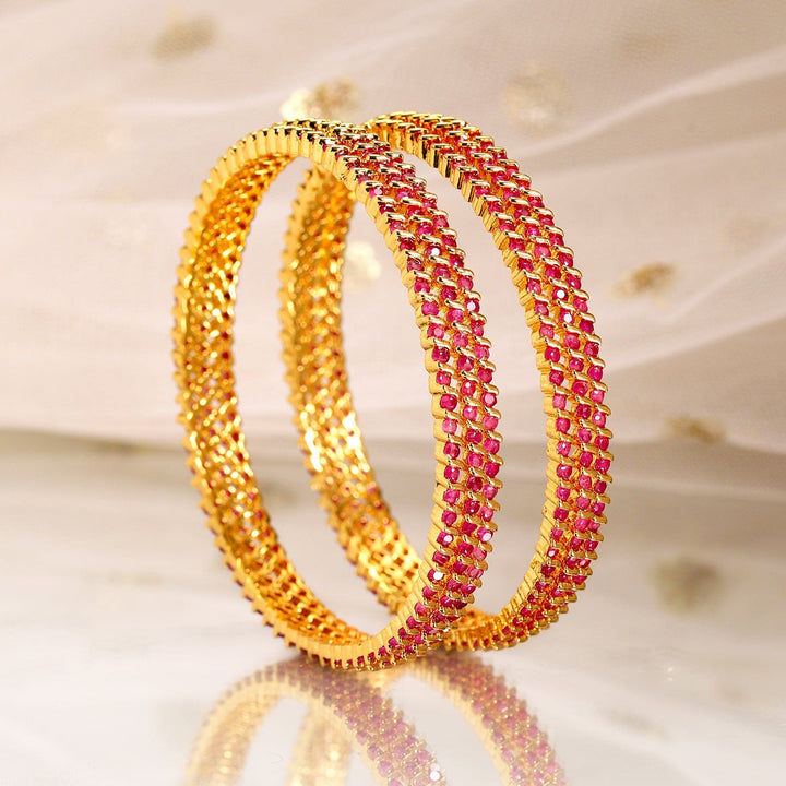 Rubans Set of 6, 22K Gold-Plated Ruby Pink Stone Studded Handcrafted Bangles Bangles