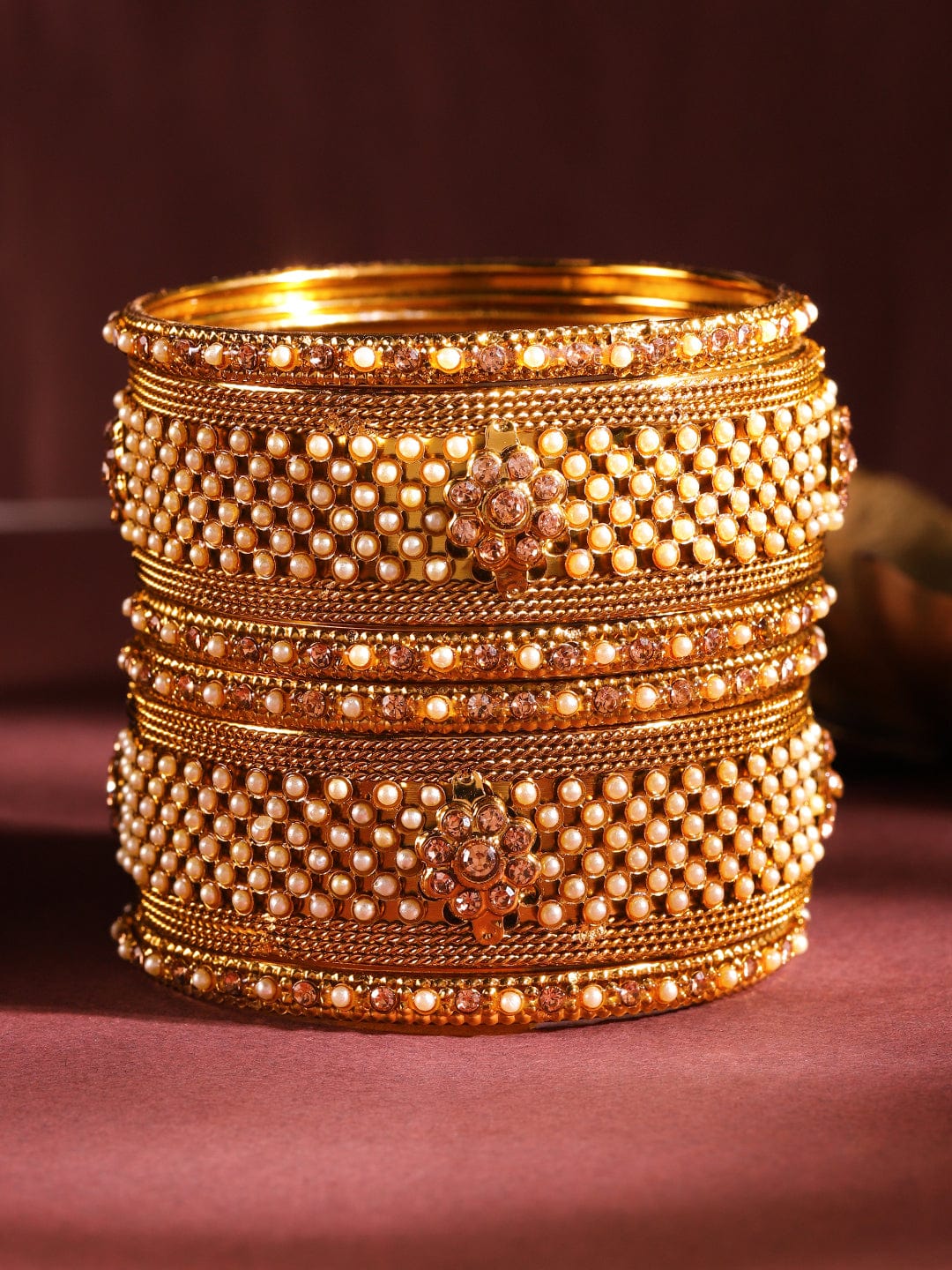 Rubans Set of 6 Gold Plated Pearl & Stone Studded Traditional Handcrafted Bangles Bangles & Bracelets