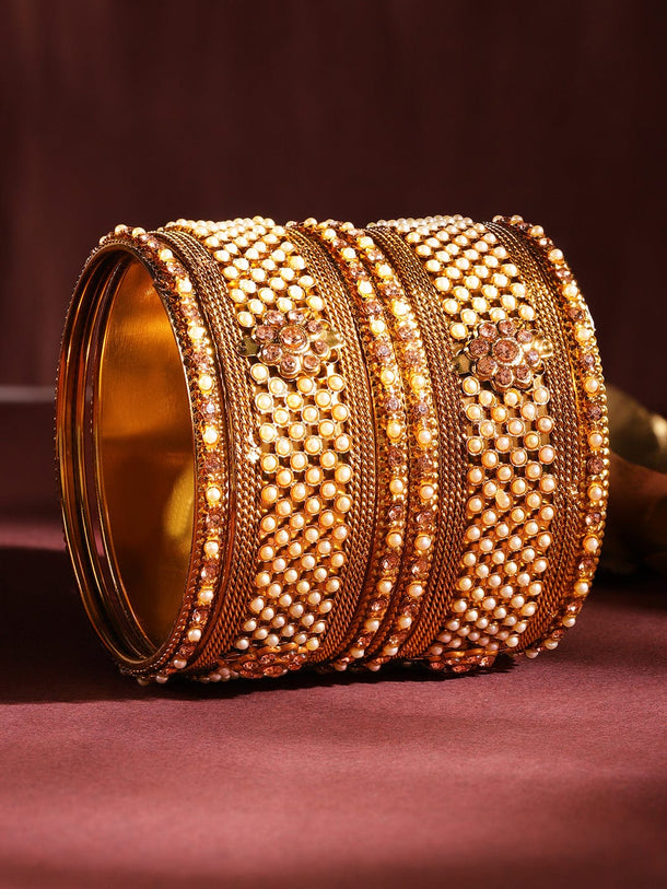 Rubans Set of 6 Gold Plated Pearl & Stone Studded Traditional Handcrafted Bangles Bangles & Bracelets