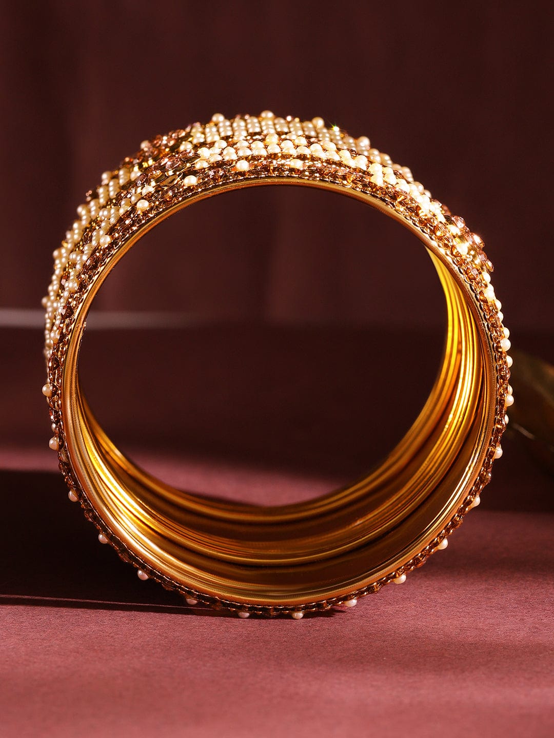 Rubans Set of 6 Gold Plated Pearl & Stone Studded Traditional Handcrafted Bangles Bangles & Bracelets