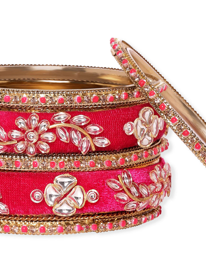 Rubans Set of 6, Magenta Fabric, mirror studded pearl beaded bangles Bangles & Bracelets