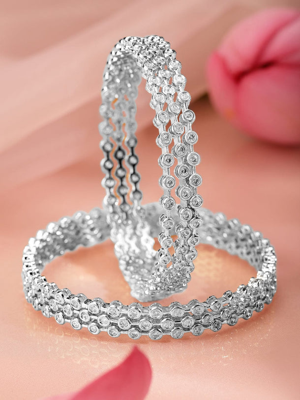 Rubans Set Of 6 Rhodium-Plated Cubic Zirconia Studded Classics Bangles in Silver Tone for Women Bangles & Bracelets