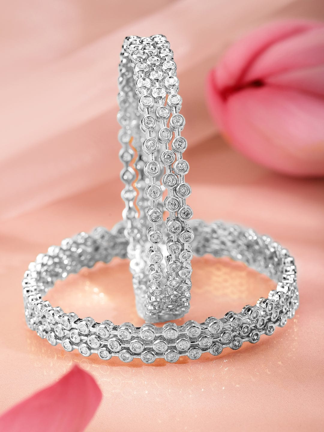 Rubans Set Of 6 Rhodium-Plated Cubic Zirconia Studded Classics Bangles in Silver Tone for Women Bangles & Bracelets