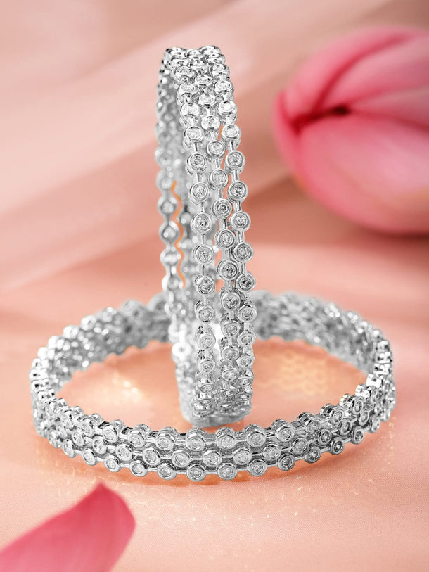Rubans Set Of 6 Rhodium-Plated Cubic Zirconia Studded Classics Bangles in Silver Tone for Women Bangles & Bracelets