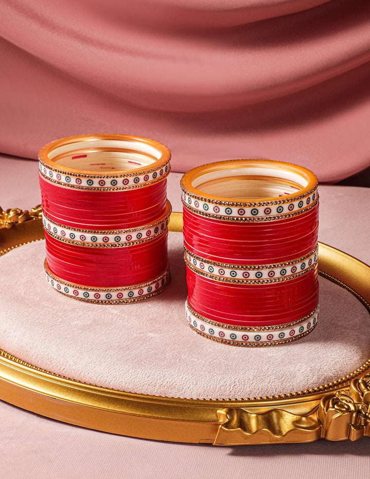 Rubans Set of 70 Gold-Plated Red Bridal Chura Bangles with Stone Embellishments Bangle