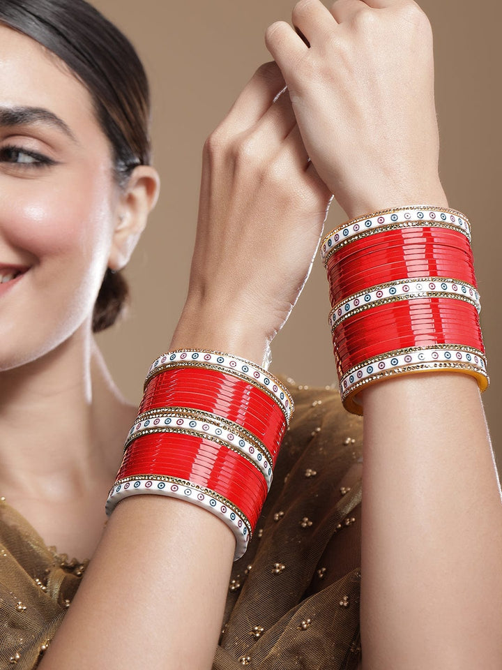 Rubans Set of 70 Gold-Plated Red Bridal Chura Bangles with Stone Embellishments Bangle