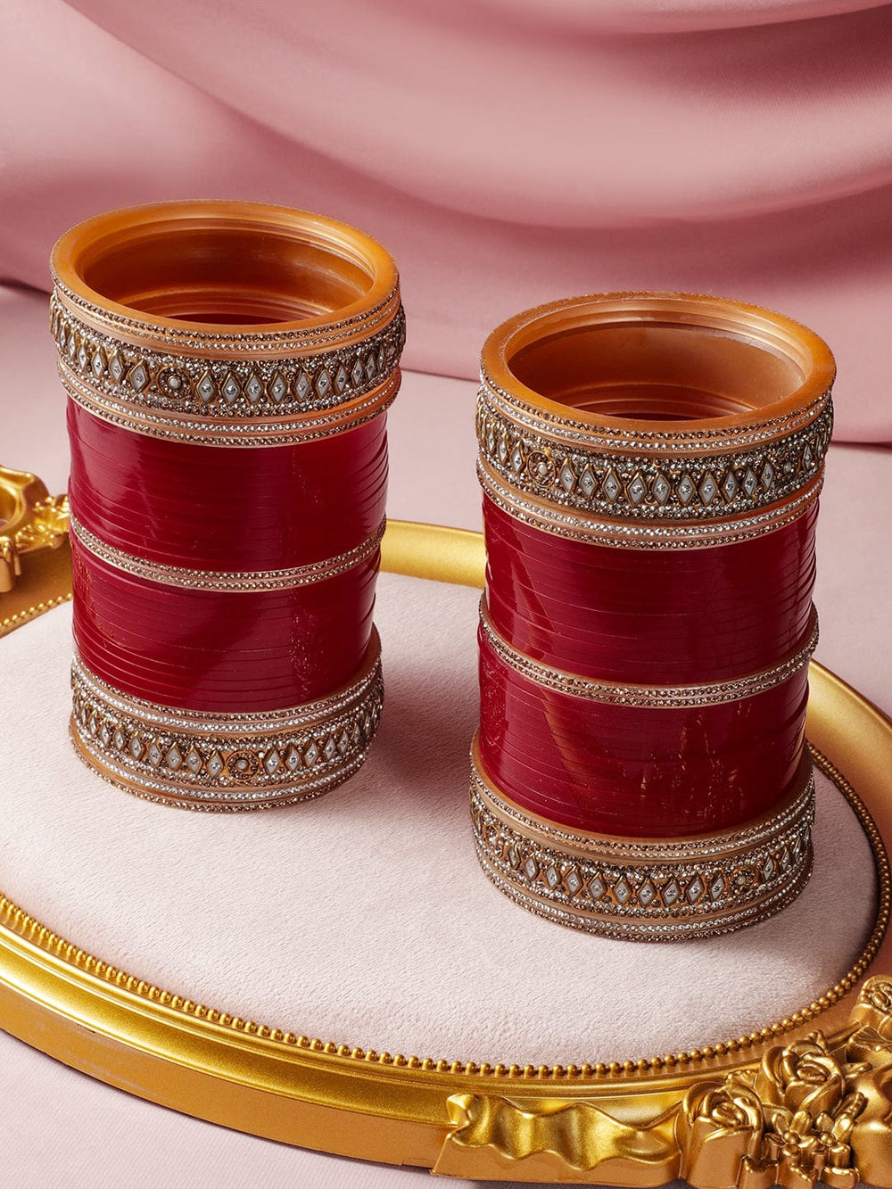 Rubans Set of 74 Gold-Plated Red Bridal Chura Bangles with Kundan and Stone Detailing Bangles & Bracelets