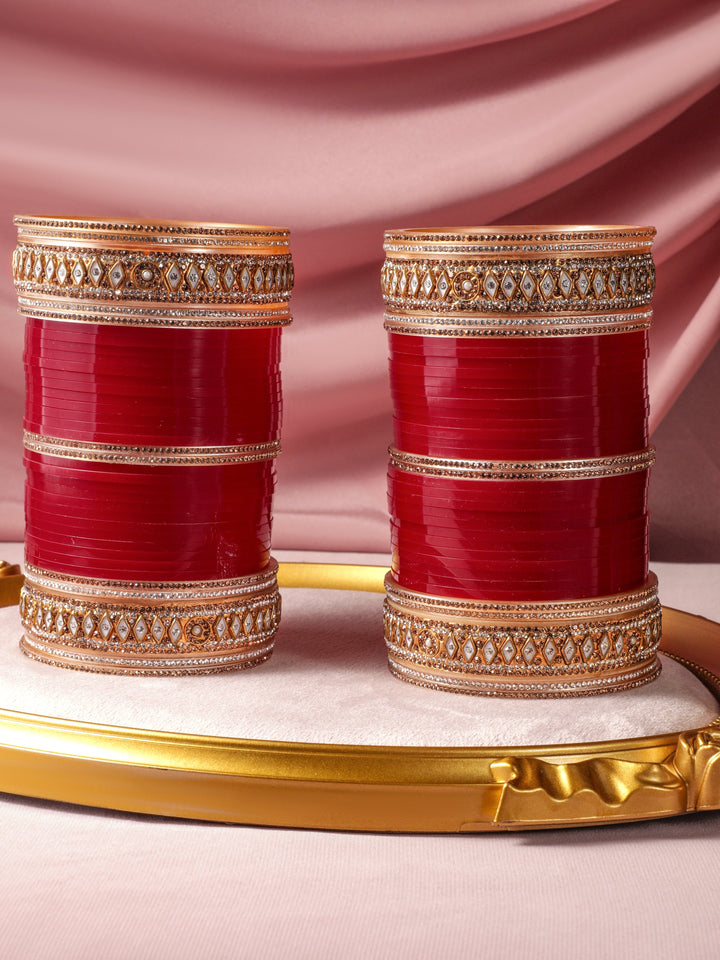 Rubans Set of 74 Gold-Plated Red Bridal Chura Bangles with Kundan and Stone Detailing Bangles & Bracelets