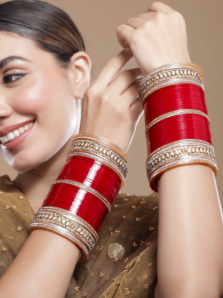 Rubans Set of 74 Gold-Plated Red Bridal Chura Bangles with Kundan and Stone Detailing Bangles & Bracelets