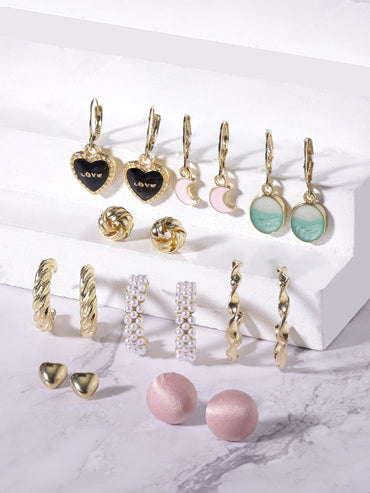 Rubans Set of 9, Gold Tone Enamel Detailed Pearl beaded Earrings Earrings