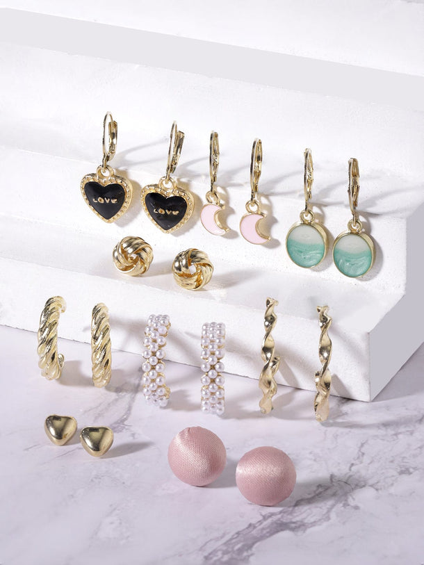 Rubans Set of 9, Gold Tone Enamel Detailed Pearl beaded Earrings Earrings