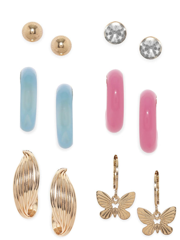 Rubans Set of 9, Gold toned blue enamel detailed Hoop & Stud Earrings Earrings