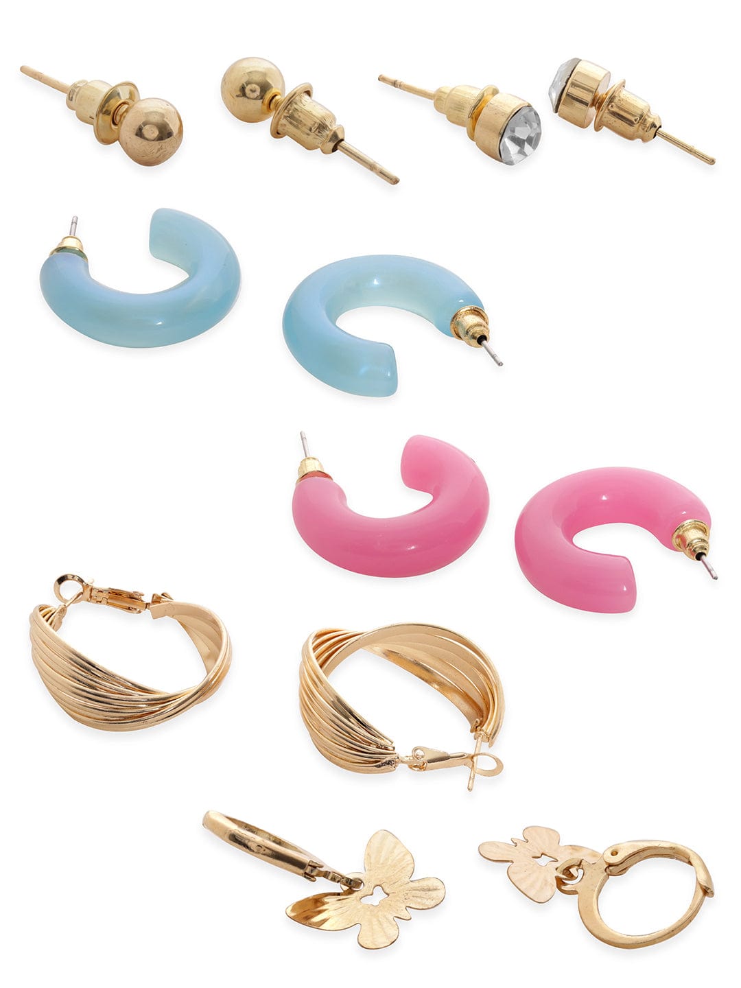 Rubans Set of 9, Gold toned blue enamel detailed Hoop & Stud Earrings Earrings