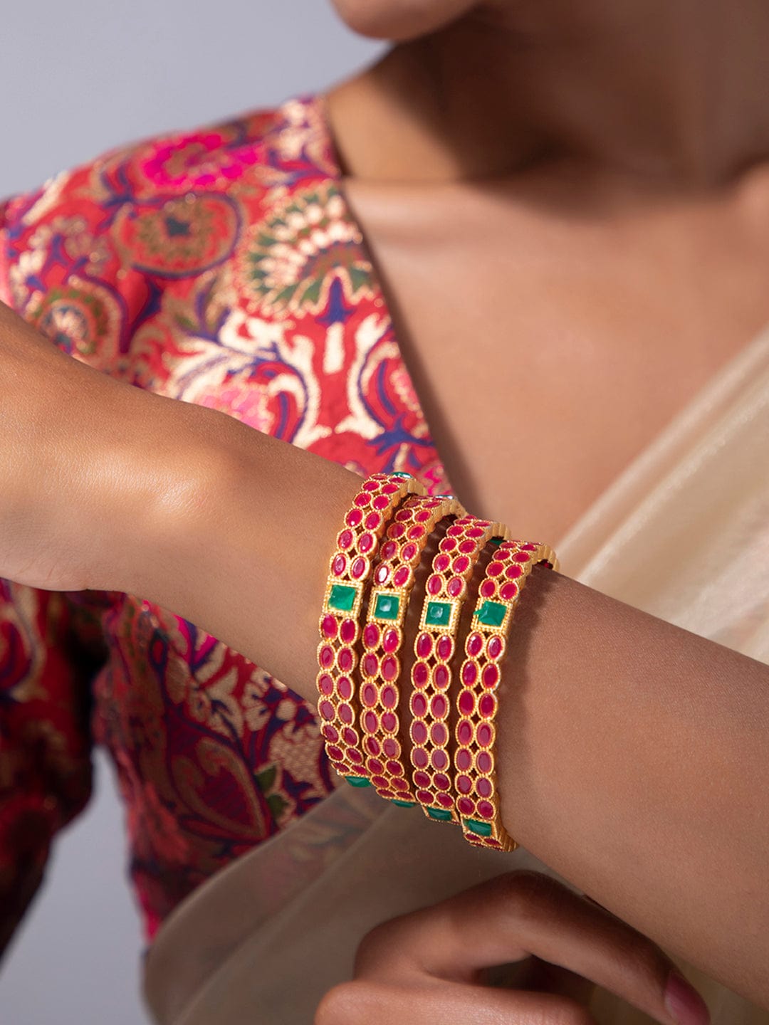 Rubans Set Of Two 22K Gold-Plated Pink & Green Stone-Studded Sustainable Handcrafted Bangles Bangles & Bracelets